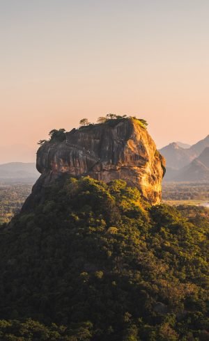 Landscape with Sigiriya rock at sunset in Sri Lanka